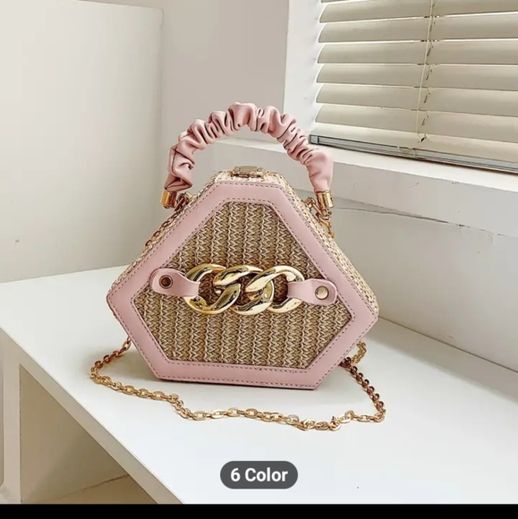 Pink Leather and Straw Hexagon Purse - Picture 3 of 3
